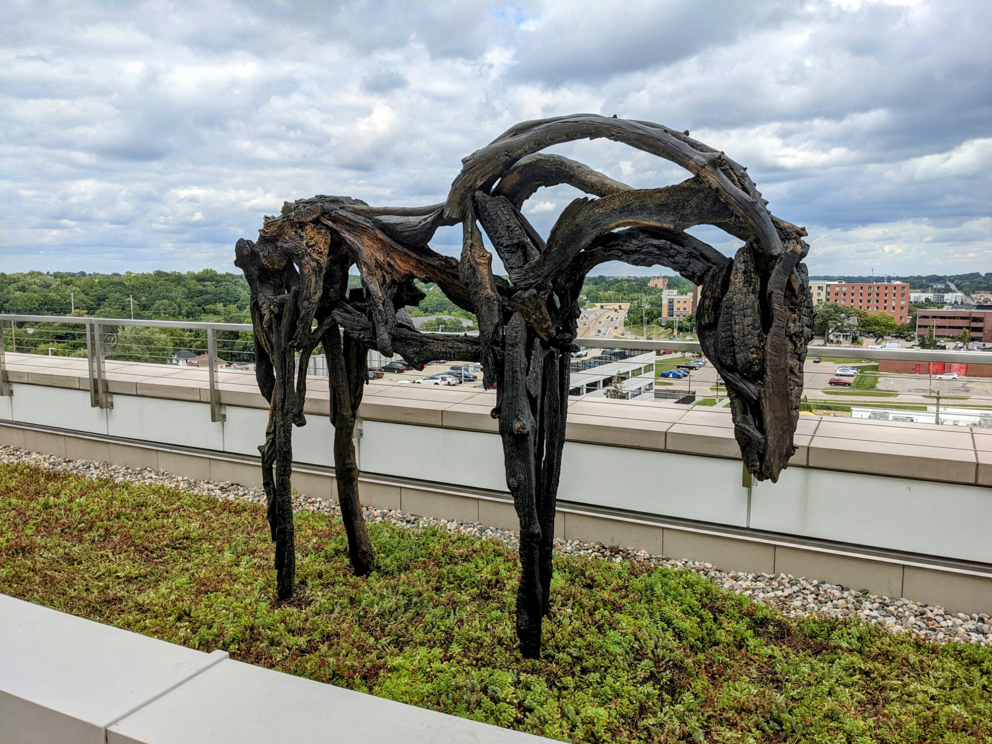 Bronze sculpture that looks like a horse skeleton created from pieces of burnt wood.